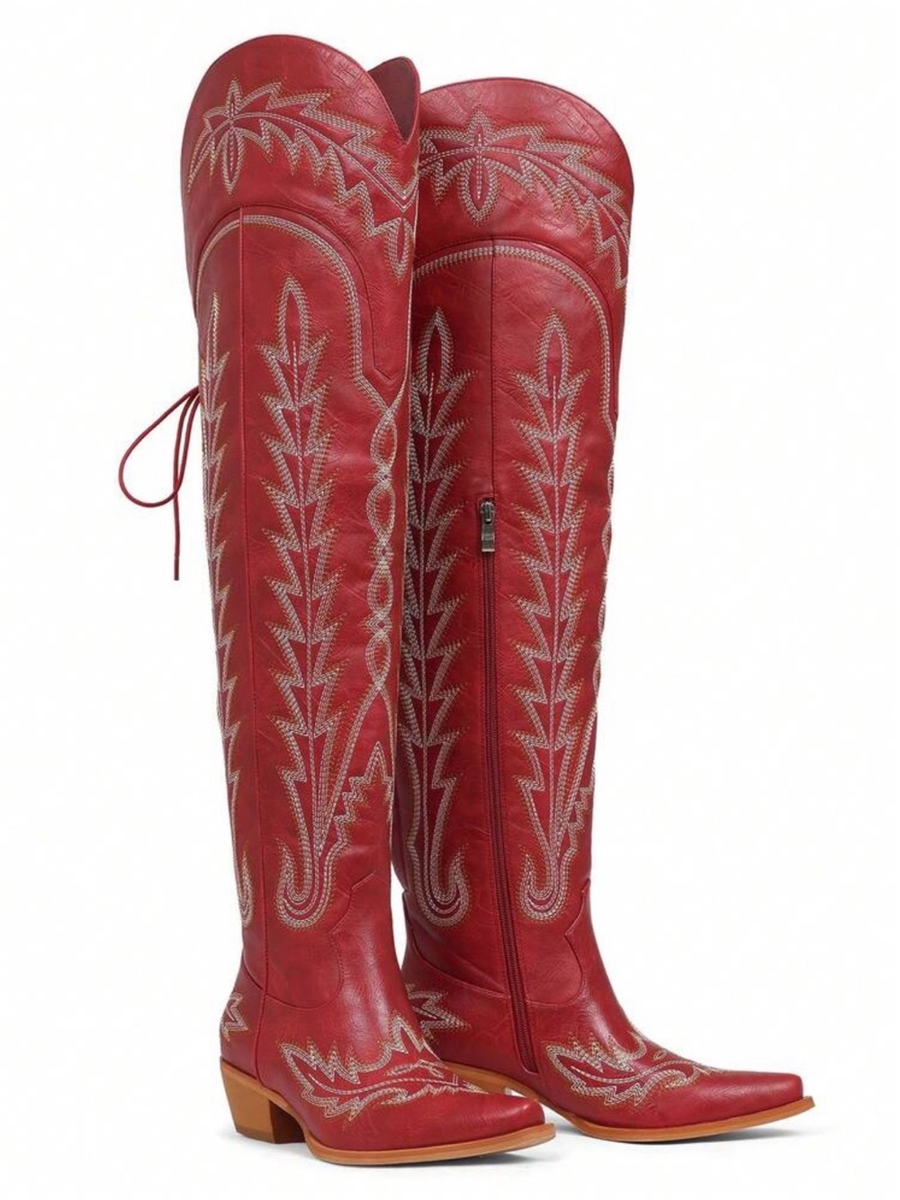 Women’s Red Embroidered Knee-High Western Heeled Boots - Picture 2 of 3
